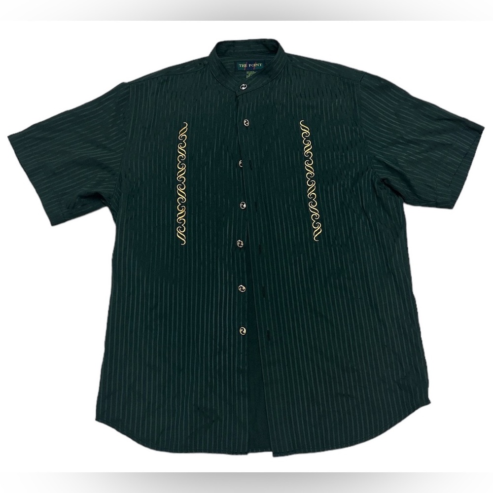 The Point Button Up Shirt Men’s L Green Yellow Baroque Print Stripes Casual